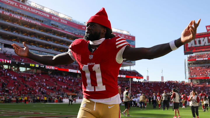 Oct 1, 2023; Santa Clara, California, USA; San Francisco 49ers wide receiver Brandon Aiyuk (11) celebrates after the game against the Arizona Cardinals at Levi's Stadium. Mandatory Credit: Sergio Estrada-USA TODAY Sports