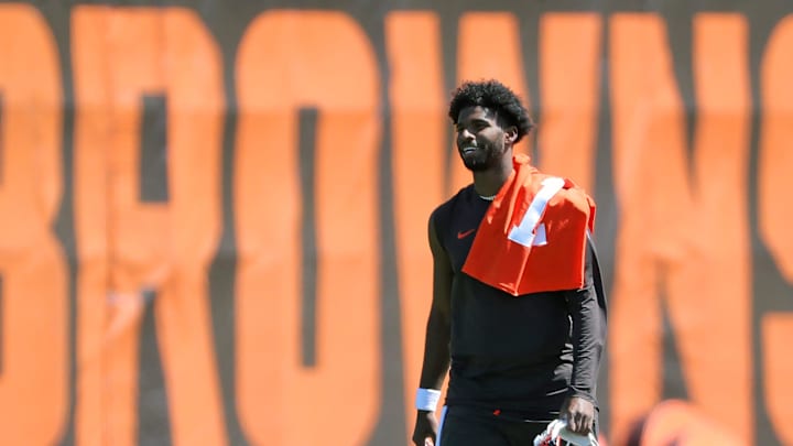 Cleveland Browns quarterback Shedeur Sanders (12) heads off the field after the first day of NFL rookie minicamp at the Cleveland Browns training facility on Friday, May 9, 2025, in Berea, Ohio.