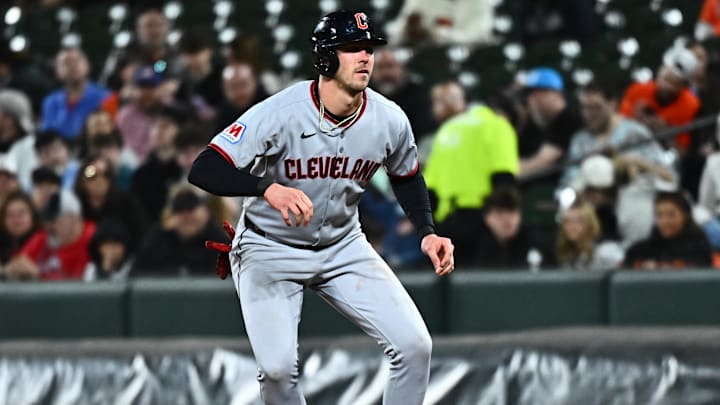 Apr 17, 2025; Baltimore, Maryland, USA; Cleveland Guardians right fielder Nolan Jones (22) takes a lead off first base during the seventh inning against the Baltimore Orioles at Oriole Park at Camden Yards. Mandatory Credit: James A. Pittman-Imagn Images Apr 17, 2025; Baltimore, Maryland, USA; Cleveland Guardians right fielder Nolan Jones (22) takes a lead off first base during the seventh inning against the Baltimore Orioles at Oriole Park at Camden Yards. Mandatory Credit: James A. Pittman-Imagn Images