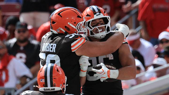 Cleveland Browns tight end Blake Whiteheart celebrates a touchdown
