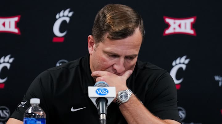 Jan 17, 2026; Cincinnati, Ohio, USA;  Iowa State Cyclones head coach T.J. Otzelberger answers questions from the media after his team’s game against Cincinnati Bearcats at Fifth Third Arena. 