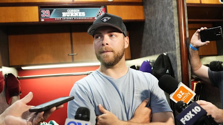 Arizona Diamondbacks pitcher Corbin Burnes is interviewed by the media at Chase Field in Phoenix on Sept. 29, 2025.