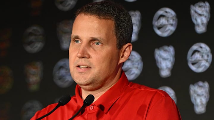 Oct 8, 2025; Charlotte, NC, USA; NC State head coach Will Wade answers questions from the media at The Hilton Charlotte Uptown. Mandatory Credit: William Howard-Imagn Images
