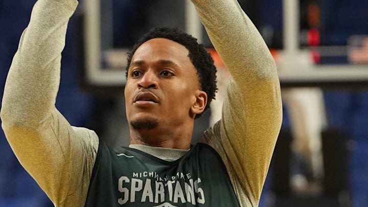 Mar 18, 2026; Buffalo, NY, USA; Michigan State Spartans forward Kaleb Glenn (8) shoots the ball during a practice session ahead of the first round of the men's 2026 NCAA Tournament at Keybank Center. Mandatory Credit: Gregory Fisher-Imagn Images Mar 18, 2026; Buffalo, NY, USA; Michigan State Spartans forward Kaleb Glenn (8) shoots the ball during a practice session ahead of the first round of the men's 2026 NCAA Tournament at Keybank Center. Mandatory Credit: Gregory Fisher-Imagn Images