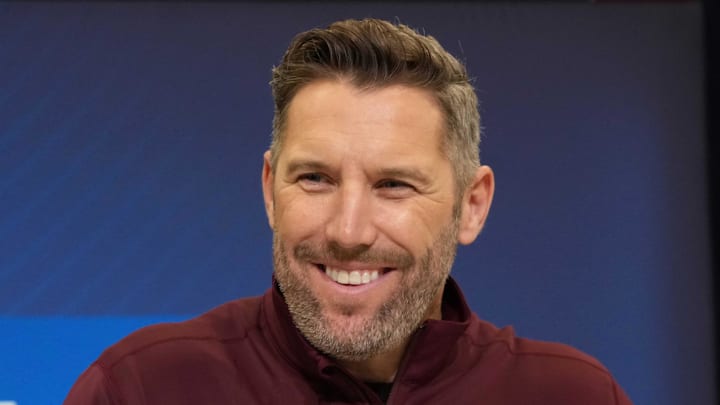 Feb 25, 2025; Indianapolis, IN, USA; Washington Commanders general manager Adam Peters speaks during the NFL Scouting Combine at the Indiana Convention Center. Mandatory Credit: Kirby Lee-Imagn Images