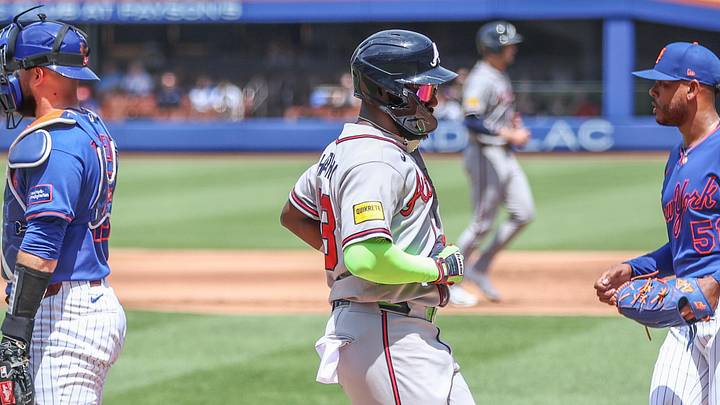 Jun 14, 2026; New York City, New York, USA;  Atlanta Braves center fielder Michael Harris II (23) scroes a run in the first inning against the New York Mets at Citi Field. Mandatory Credit: Wendell Cruz-Imagn Images
