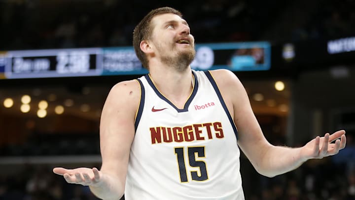 Mar 18, 2026; Memphis, Tennessee, USA; Denver Nuggets center Nikola Jokic (15) reacts during the second quarter against the Memphis Grizzlies at FedExForum.