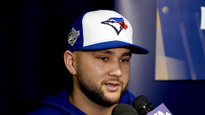 Oct 23, 2025; Toronto, ON, Canada; Toronto Blue Jays shortstop Bo Bichette (11) responds to questions on media day before game one of the World Series at Rogers Centre. Mandatory Credit: John E. Sokolowski-Imagn Images