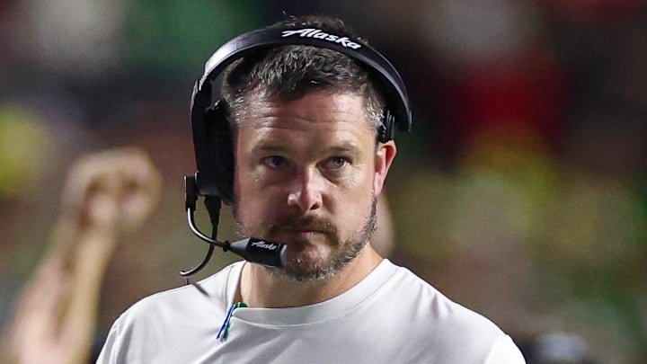 Oct 18, 2025; Piscataway, New Jersey, USA;  Oregon Ducks head coach Dan Lanning looks on during the first half against the Rutgers Scarlet Knights at SHI Stadium. Mandatory Credit: Vincent Carchietta-Imagn Images