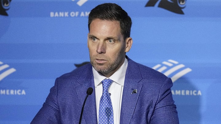 Feb 1, 2024; Charlotte, NC, USA; Carolina Panthers general manager Dan Morgan speaks to the media during the introductory press conference for new head coach Dave Canales at Bank of America Stadium. Mandatory Credit: Jim Dedmon-Imagn Images Feb 1, 2024; Charlotte, NC, USA; Carolina Panthers general manager Dan Morgan speaks to the media during the introductory press conference for new head coach Dave Canales at Bank of America Stadium. Mandatory Credit: Jim Dedmon-Imagn Images