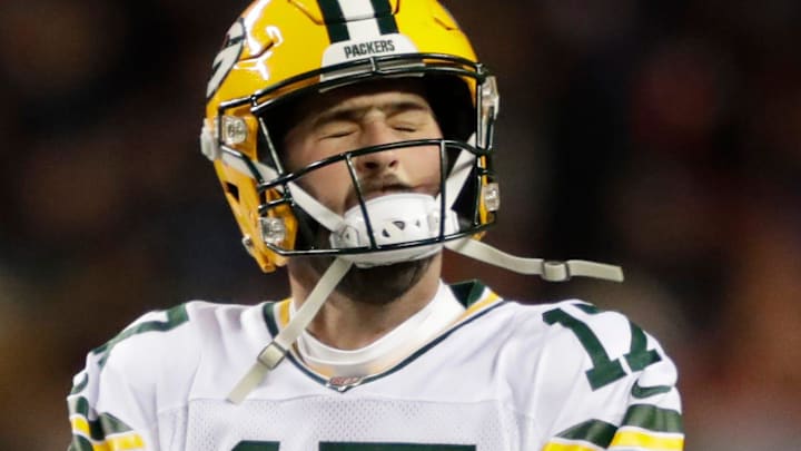 Green Bay Packers place kicker Brandon McManus (17) reacts after missing a field goal late in the fourth quarter against the Chicago Bears during their wild-card playoff football game Saturday, January 10, 2026, at Soldier Field in Chicago, Illinois.