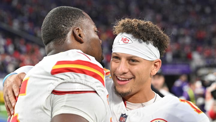 Oct 8, 2023; Minneapolis, Minnesota, USA; Kansas City Chiefs quarterback Patrick Mahomes (15) and defensive tackle Chris Jones (95) react after the game against the Minnesota Vikings at U.S. Bank Stadium. Mandatory Credit: Jeffrey Becker-Imagn Images