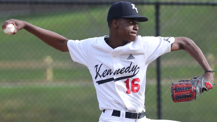Kennedy's Gary Gill-Hill delivers a pitch during a 5-2 win over Stepinac at Kennedy Catholic April 11, 2022. Kennedy's Gary Gill-Hill delivers a pitch during a 5-2 win over Stepinac at Kennedy Catholic April 11, 2022.