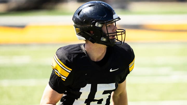 Apr 26, 2025; Iowa City, IA, USA; Iowa wide receiver Reece Vander Zee (15) runs a drill during a spring NCAA football open practice at Kinnick Stadium. Mandatory Credit: Joseph Cress/For the Register