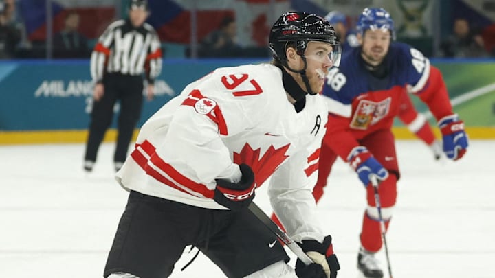 Feb 12, 2026; Milan, Italy; Connor McDavid of Canada in action against Czechia in a men's ice hockey group A match during the Milano Cortina 2026 Olympic Winter Games at Milano Santagiulia Ice Hockey Arena. Mandatory Credit: Geoff Burke-Imagn Images
