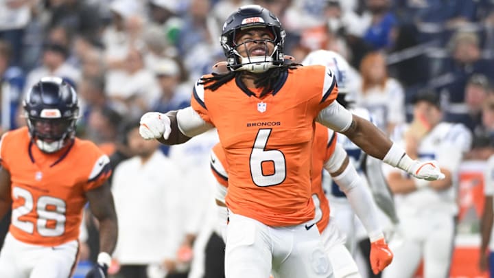 Sep 14, 2025; Indianapolis, Indiana, USA; Denver Broncos safety P.J. Locke (6) reacts during the second quarter against the Indianapolis Colts at Lucas Oil Stadium. Sep 14, 2025; Indianapolis, Indiana, USA; Denver Broncos safety P.J. Locke (6) reacts during the second quarter against the Indianapolis Colts at Lucas Oil Stadium.
