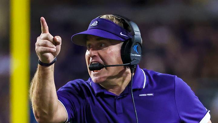 Oct 23, 2021; Fort Worth, Texas, USA; TCU Horned Frogs head coach Gary Patterson reacts during the first half against the West Virginia Mountaineers at Amon G. Carter Stadium. Oct 23, 2021; Fort Worth, Texas, USA; TCU Horned Frogs head coach Gary Patterson reacts during the first half against the West Virginia Mountaineers at Amon G. Carter Stadium.