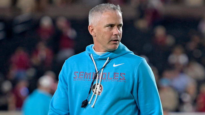 Nov 1, 2025; Tallahassee, Florida, USA; Florida State Seminoles head coach Mike Norvell walks on the field before the game against the Wake Forest Demon Deacons at Doak S. Campbell Stadium. Mandatory Credit: Melina Myers-Imagn Images
