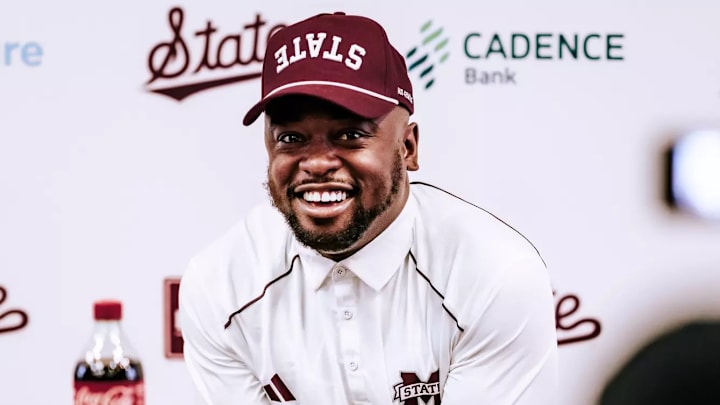 Mississippi State Bulldogs wide receivers coach Chad Bumphis at a press conference.