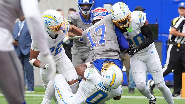 Sep 27, 2026; Orchard Park, New York, USA; Buffalo Bills quarterback Josh Allen (17) is sacked by Los Angeles Chargers linebacker Daiyan Henley (0) in the second half at New Highmark Stadium. Mandatory Credit: Gregory Fisher-Imagn Images Sep 27, 2026; Orchard Park, New York, USA; Buffalo Bills quarterback Josh Allen (17) is sacked by Los Angeles Chargers linebacker Daiyan Henley (0) in the second half at New Highmark Stadium. Mandatory Credit: Gregory Fisher-Imagn Images