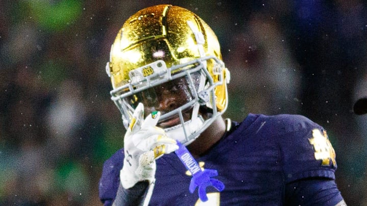 Notre Dame running back Jeremiyah Love (4) celebrates after getting a first down in the second half of a NCAA football game against Southern California at Notre Dame Stadium on Saturday, Oct. 18, 2025, in South Bend.