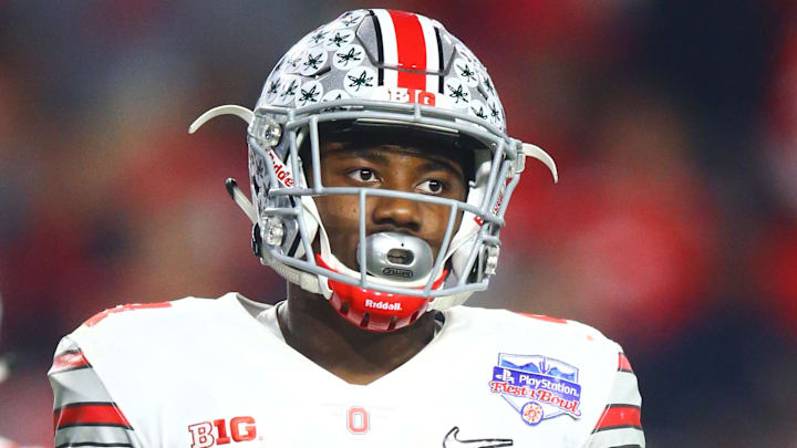 December 31, 2016; Glendale, AZ, USA;  Ohio State Buckeyes running back Curtis Samuel (4) against the Clemson Tigers in the 2016 CFP semifinal at University of Phoenix Stadium. Mandatory Credit: Mark J. Rebilas-Imagn Images