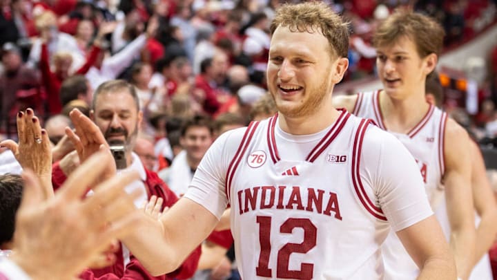 Indiana's Tucker DeVries (12) celebrates after defeating Wisconsin  at Simon Skjodt Assembly Hall on Saturday, Feb. 7, 2026.