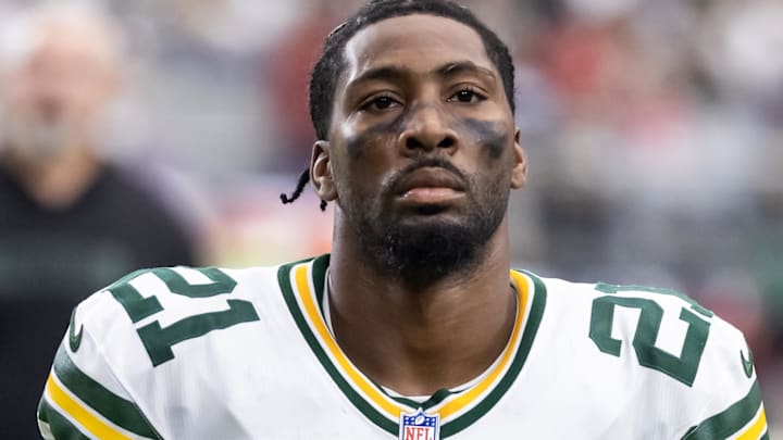 Oct 19, 2025; Glendale, Arizona, USA; Green Bay Packers cornerback Nate Hobbs (21) against the Arizona Cardinals at State Farm Stadium. Mandatory Credit: Mark J. Rebilas-Imagn Images