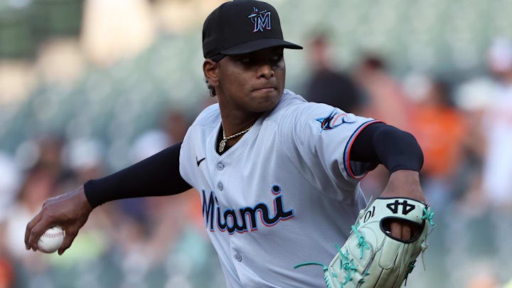 Jul 11, 2025; Baltimore, Maryland, USA; Miami Marlins pitcher Edward Cabrera (27) throws during the first inning against the Baltimore Orioles at Oriole Park at Camden Yards. Mandatory Credit: Daniel Kucin Jr.-Imagn Images Jul 11, 2025; Baltimore, Maryland, USA; Miami Marlins pitcher Edward Cabrera (27) throws during the first inning against the Baltimore Orioles at Oriole Park at Camden Yards. Mandatory Credit: Daniel Kucin Jr.-Imagn Images