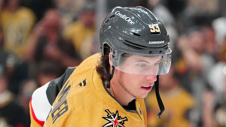 May 4, 2026; Las Vegas, Nevada, USA; Vegas Golden Knights right wing Mitch Marner (93) warms up before the start of game one against the Anaheim Ducks in the second round of the 2026 Stanley Cup Playoffs at T-Mobile Arena. Mandatory Credit: Stephen R. Sylvanie-Imagn Images
