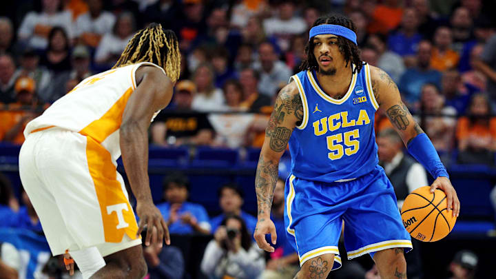 Mar 22, 2025; Lexington, KY, USA; UCLA Bruins guard Skyy Clark (55) handles the ball during the first half against the Tennessee Volunteers in the second round of the NCAA Tournament at Rupp Arena. Mandatory Credit: Jordan Prather-Imagn Images
