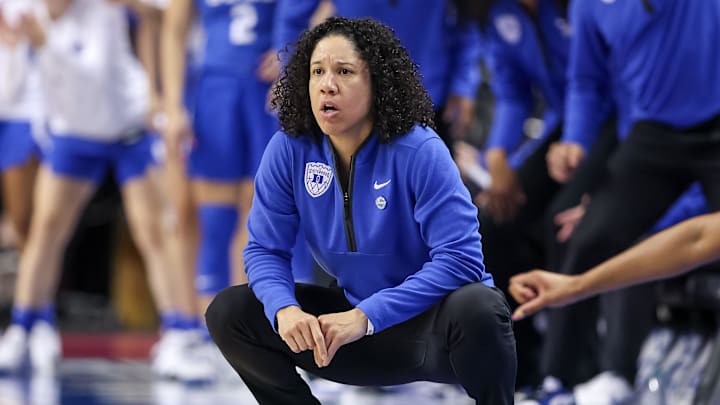 Mar 9, 2025; Greensboro, NC, USA;  Duke Blue Devils head coach Kara Lawson watches the play during the third quarter against NC State Wolfpack at First Horizon Coliseum. Mandatory Credit: Cory Knowlton-Imagn Images