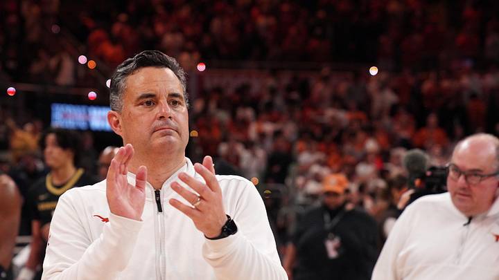 Texas Longhorns head coach Sean Miller celebrates a win against the Vanderbilt Commodores during the second half at Moody Center.