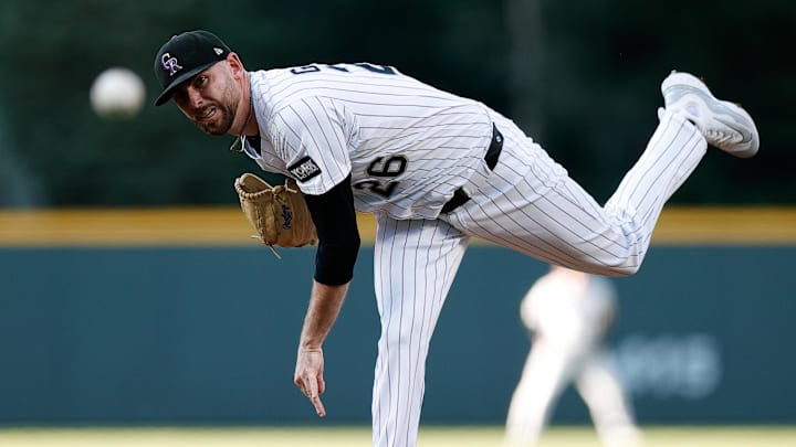 Colorado Rockies starting pitcher Austin Gomber pitches in a game.