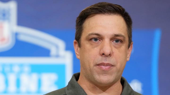 Feb 24, 2026; Indianapolis, IN, USA; Kansas City Chiefs general manager Brett Veach speaks at the NFL Scouting Combine at the Indiana Convention Center. Mandatory Credit: Kirby Lee-Imagn Images