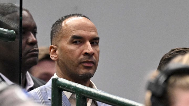 Apr 9, 2025; Dallas, Texas, USA; Dallas Mavericks general manager Nico Harrison looks on during the third quarter against the Los Angeles Lakers at the American Airlines Center. Mandatory Credit: Jerome Miron-Imagn Images