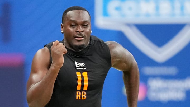 Feb 28, 2026; Indianapolis, IN, USA; Notre Dame running back Jeremiyah Love (RB11) during the NFL Scouting Combine at Lucas Oil Stadium. Mandatory Credit: Kirby Lee-Imagn Images Feb 28, 2026; Indianapolis, IN, USA; Notre Dame running back Jeremiyah Love (RB11) during the NFL Scouting Combine at Lucas Oil Stadium. Mandatory Credit: Kirby Lee-Imagn Images