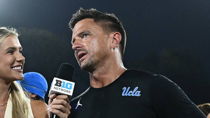 Sep 12, 2026; Pasadena, California, USA; UCLA head coach Bob Chesney is interviewed after defeating San Diego State at the Rose Bowl. Mandatory Credit: William Liang-Imagn Images Sep 12, 2026; Pasadena, California, USA; UCLA head coach Bob Chesney is interviewed after defeating San Diego State at the Rose Bowl. Mandatory Credit: William Liang-Imagn Images