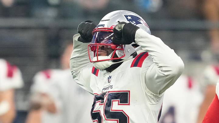 Dec 18, 2022; Paradise, Nevada, USA; New England Patriots linebacker Josh Uche (55) celebrates after getting a sack against the Las Vegas Raiders during the second half at Allegiant Stadium. Mandatory Credit: Stephen R. Sylvanie-Imagn Images Dec 18, 2022; Paradise, Nevada, USA; New England Patriots linebacker Josh Uche (55) celebrates after getting a sack against the Las Vegas Raiders during the second half at Allegiant Stadium. Mandatory Credit: Stephen R. Sylvanie-Imagn Images