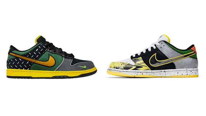 The Nike Dunk Low "What the Duck" home and away colorways.