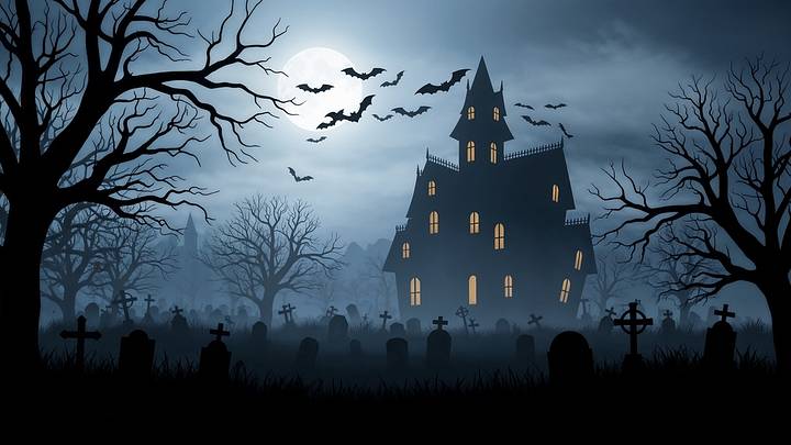 Dark and atmospheric haunted house amid a foggy, moonlit graveyard. Dark and atmospheric haunted house amid a foggy, moonlit graveyard.