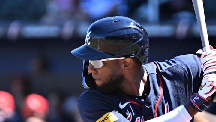 Feb 25, 2026; North Port, Florida, USA;  Atlanta Braves left fielder Jurickson Profar (17) bats in the first inning against the Pittsburgh Pirates during spring training at CoolToday Park. Mandatory Credit: Jonathan Dyer-Imagn Images
