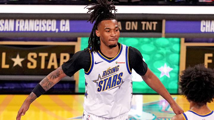 Feb 14, 2025; San Francisco, California, USA; Team C guard Stephon Castle (5) of the San Antonio Spurs reacts during the 2025 NBA Rising Stars Game at Chase Center. Mandatory Credit: Cary Edmondson-Imagn Images