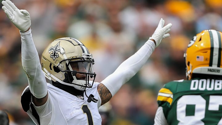 New Orleans Saints cornerback Alontae Taylor reacts after breaking up a pass intended for Green Bay Packers receiver Romeo Doubs. New Orleans Saints cornerback Alontae Taylor reacts after breaking up a pass intended for Green Bay Packers receiver Romeo Doubs.