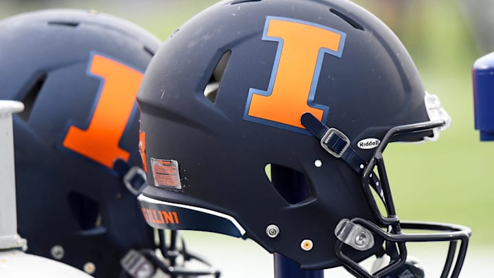 Nov 24, 2018; Evanston, IL, USA; A detailed view of a Illinois Fighting Illini helmet before a game against the Northwestern Wildcats at Ryan Field. Mandatory Credit: Mike DiNovo-Imagn Images