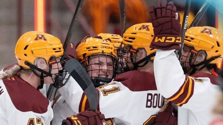 Minnesota women's hockey celebrates during its 6-3 victory against Ohio State on Oct. 19, 2025. Minnesota women's hockey celebrates during its 6-3 victory against Ohio State on Oct. 19, 2025.
