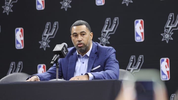 Jun 24, 2023; San Antonio, TX, USA; San Antonio Spurs general manager Brian Wright speaks at a press conference at AT&T Center. Mandatory Credit: Troy Taormina-USA TODAY Sports Jun 24, 2023; San Antonio, TX, USA; San Antonio Spurs general manager Brian Wright speaks at a press conference at AT&T Center. Mandatory Credit: Troy Taormina-USA TODAY Sports