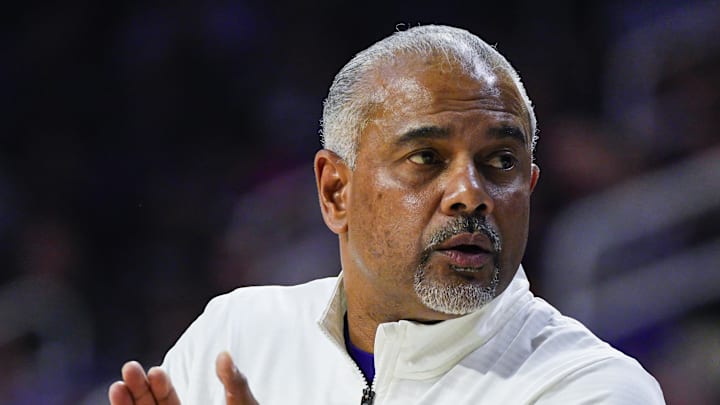 Dec 30, 2024; Manhattan, Kansas, USA; Kansas State Wildcats head coach Jerome Tang reacts during the first half against the Cincinnati Bearcats at Bramlage Coliseum. Mandatory Credit: Jay Biggerstaff-Imagn Images Dec 30, 2024; Manhattan, Kansas, USA; Kansas State Wildcats head coach Jerome Tang reacts during the first half against the Cincinnati Bearcats at Bramlage Coliseum. Mandatory Credit: Jay Biggerstaff-Imagn Images