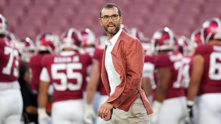 Sep 13, 2025; Stanford, California, USA; Stanford Cardinal general manager Andrew Luck walks on the field before the game against the Boston College Eagles at Stanford Stadium. Mandatory Credit: Darren Yamashita-Imagn Images Sep 13, 2025; Stanford, California, USA; Stanford Cardinal general manager Andrew Luck walks on the field before the game against the Boston College Eagles at Stanford Stadium. Mandatory Credit: Darren Yamashita-Imagn Images