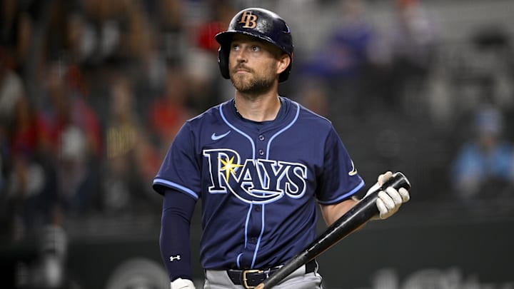 Apr 4, 2025; Arlington, Texas, USA; Tampa Bay Rays second baseman Brandon Lowe (8) reacts to striking out against the Texas Rangers during the first inning at Globe Life Field. Apr 4, 2025; Arlington, Texas, USA; Tampa Bay Rays second baseman Brandon Lowe (8) reacts to striking out against the Texas Rangers during the first inning at Globe Life Field.